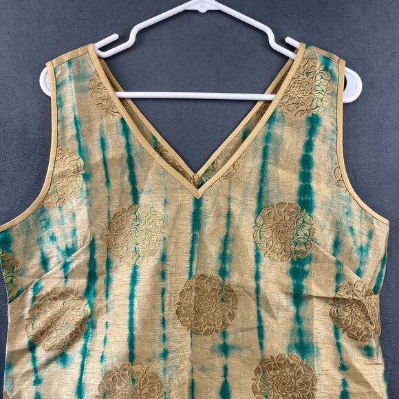 Julie Miles Blouse Women's Medium Gold Green Embossed Floral Sleeveless Princess - Picture 6 of 7